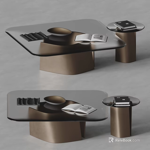 Modern Coffee Table With Glass Top Metal Base Open Book And Decorative Tray 3d model 