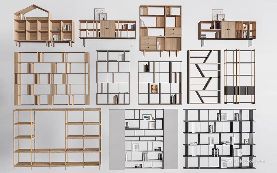 Various Modern Wooden Bookcases With Open Shelves And Multi Layer Storage Designs 3d model