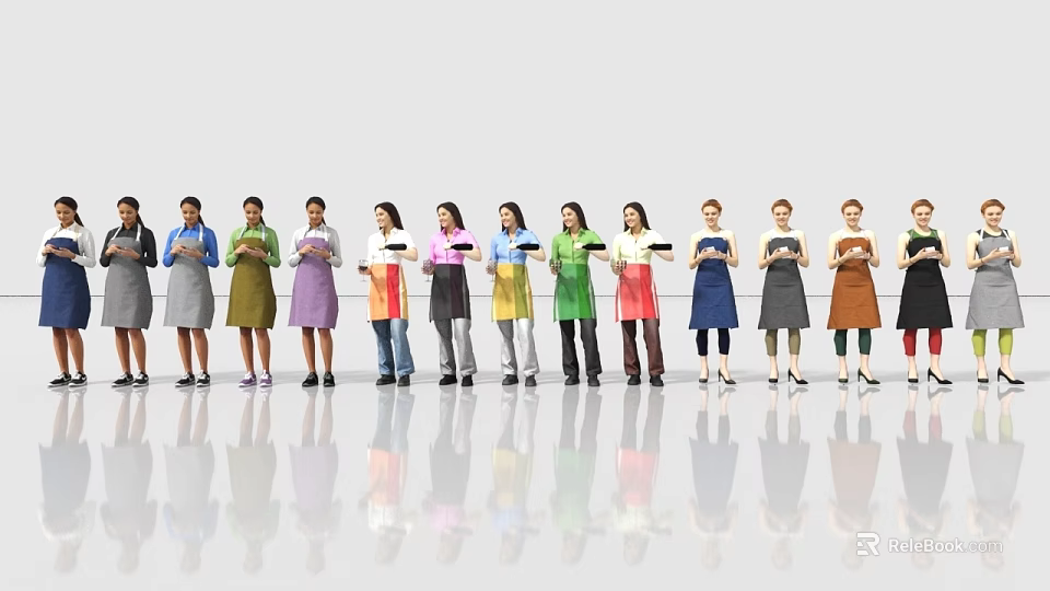 Women in different colored aprons holding tablets standing against white background with floor reflections 3d model 