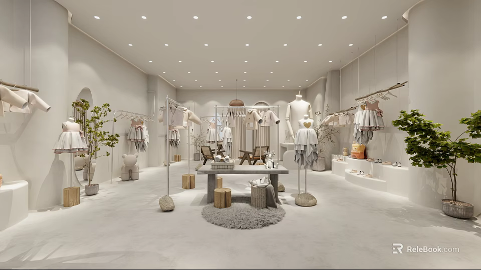 Modern Clothing Store Interior With Clothing Racks Mannequins And Decorative Plants 3d model 