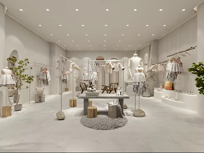 Modern Clothing Store Interior With Clothing Racks Mannequins And Decorative Plants 3d model