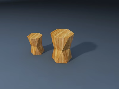 Two Wooden Stools With Geometric Angular Design And Natural Wood Tone 3d model