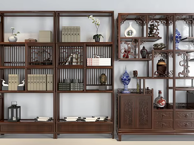 Traditional Chinese Wooden Display Cabinet With Vases Books And Antique Decorations 3d model