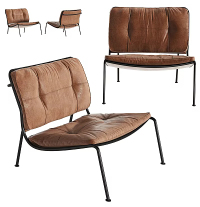 Modern Brown Tufted Back Leisure Chair With Black Metal Frame And Padded Seat 3d model