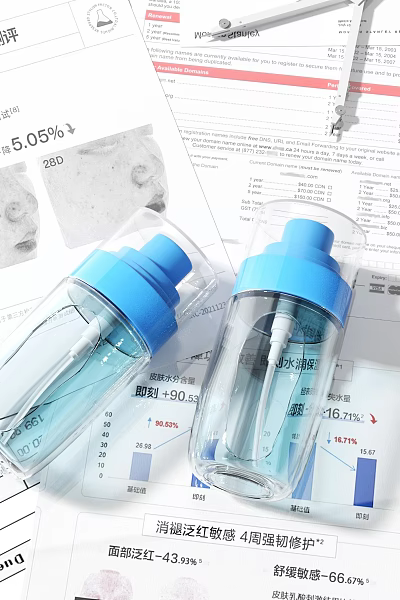 Transparent Cosmetic Perfume Spray Bottles With Blue Cap And Growth Data Charts 3d model