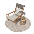 Round Rug Wooden Leisure Chair With Woven Backrest Beige Cushion And Side Stool