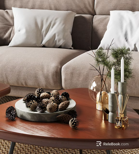 Cozy Beige Two Seater Sofa With White Pillows Pine Cones and Candles on Coffee Table 3d model 