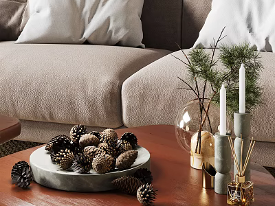 Cozy Beige Two Seater Sofa With White Pillows Pine Cones and Candles on Coffee Table 3d model