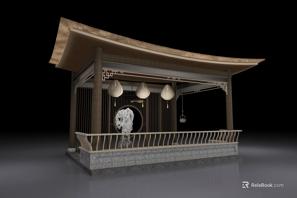 Traditional Courtyard Garden Pavilion with Wooden Structure Hanging Lanterns Traditional Roof and Stone Railing 3d model 