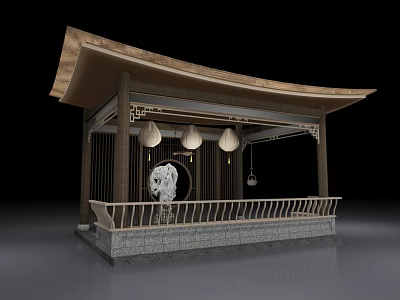 Traditional Courtyard Garden Pavilion with Wooden Structure Hanging Lanterns Traditional Roof and Stone Railing 3d model