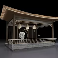 Traditional Courtyard Garden Pavilion with Wooden Structure Hanging Lanterns Traditional Roof and Stone Railing