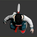 3D Stylized Anime Character With Black Hair Red Mask Blue White Coat And Red Shoes