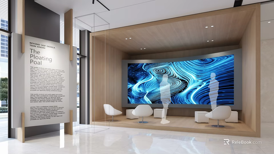 Modern Exhibition Hall With Large Blue Wave Screen And White Chairs 3d model 