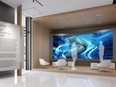 Modern Exhibition Hall With Large Blue Wave Screen And White Chairs 3d model