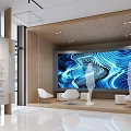 Modern Exhibition Hall With Large Blue Wave Screen And White Chairs