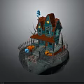 Halloween Themed Blue House with Red Roof Arched Windows Pumpkin Lanterns and Ghost Decorations