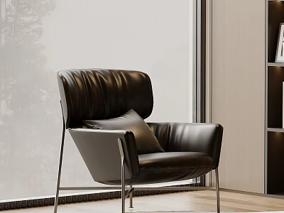 Modern Black Leather Leisure Chair With Metal Legs And Pillow In Interior 3d model