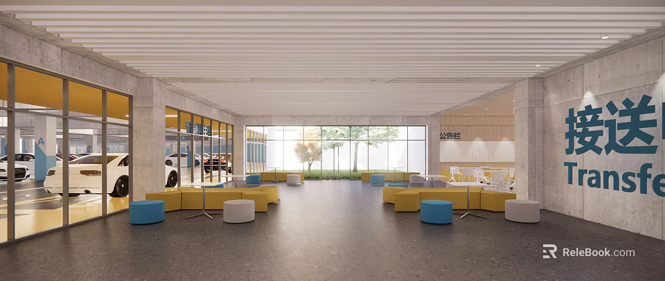 Modern School Lobby with Yellow Blue Seats Large Windows and Trees Outside 3d model 
