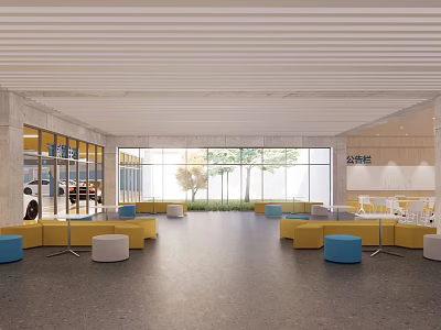 Modern School Lobby with Yellow Blue Seats Large Windows and Trees Outside 3d model