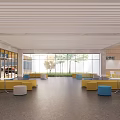 Modern School Lobby with Yellow Blue Seats Large Windows and Trees Outside 3d model
