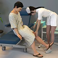 Nurse Assisting Patient In Hospital Gown On Clinic Examination Bed