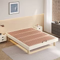Double Bed With Wooden Slat Design In Modern Bedroom With Books Kettle And Wooden Blinds