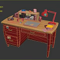 Red Functional Desk with Drawers Red Lamp Laptop Books Cup and Folders for Study