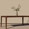 Brown Wooden Dining Table With Vase And Green Branches Against Light Colored Wall And Floor 3d model