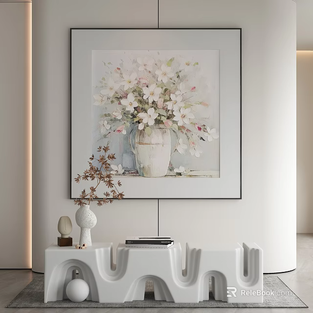 White Modern Coffee Table With Decorative Sculpture Books And Wall Art Vase Flowers 3d model 