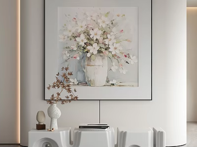 White Modern Coffee Table With Decorative Sculpture Books And Wall Art Vase Flowers 3d model