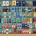Diverse Wine Bottles and Glasses Display on Shelves with Assorted Brands and Colorful Designs