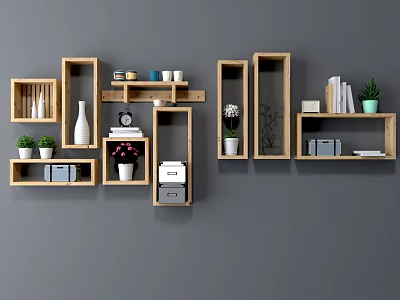 Wooden Wall Cabinets In Various Shapes Sizes On Grey Wall With Potted Plants Vases And Books 3d model