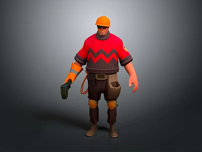 3D Construction Worker Character With Orange Hard Hat Red Shirt Knee Pads And Tools 3d model