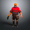 3D Construction Worker Character With Orange Hard Hat Red Shirt Knee Pads And Tools