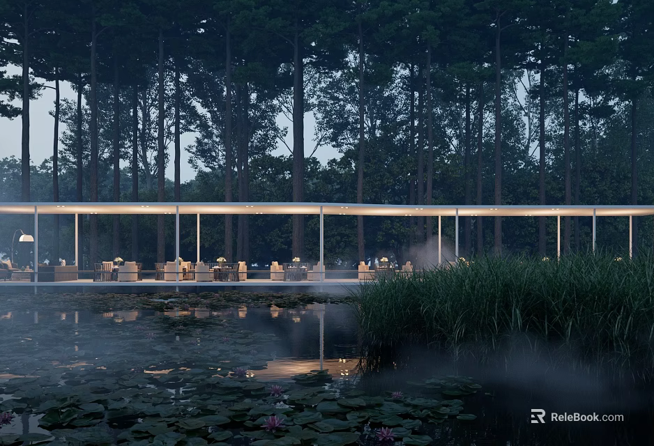 Modern Hotel Building in Forest with Pond Water Lilies Glass Structure and Ambient Lighting 3d model 