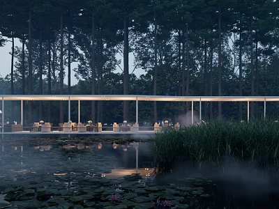 Modern Hotel Building in Forest with Pond Water Lilies Glass Structure and Ambient Lighting 3d model