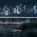 Modern Hotel Building in Forest with Pond Water Lilies Glass Structure and Ambient Lighting