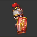 3D Cartoon Warrior Character With Red Gold Armor Helmet Sword And Shield