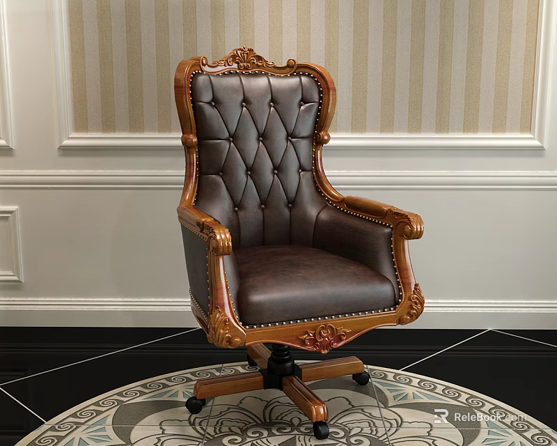 Luxury Office Chair With Carved Wooden Armrests Tufted Leather Seat And Wheeled Base 3d model 