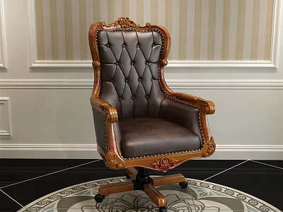 Luxury Office Chair With Carved Wooden Armrests Tufted Leather Seat And Wheeled Base 3d model