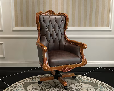 Luxury Office Chair With Carved Wooden Armrests Tufted Leather Seat And Wheeled Base 3d model