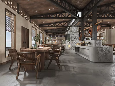 Rustic Restaurant Interior With Wooden Ceiling Tables Chairs Stone Wall And Open Bar Counter 3d model