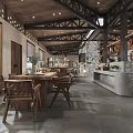 Rustic Restaurant Interior With Wooden Ceiling Tables Chairs Stone Wall And Open Bar Counter