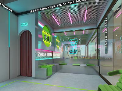 Modern ZHA Club Leisure Area with Neon Lights Green Seats Arched Door and Glass Walls 3d model