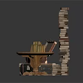 Stacked Suitcases With Tall Book Stack And Round Wooden Table In Interior