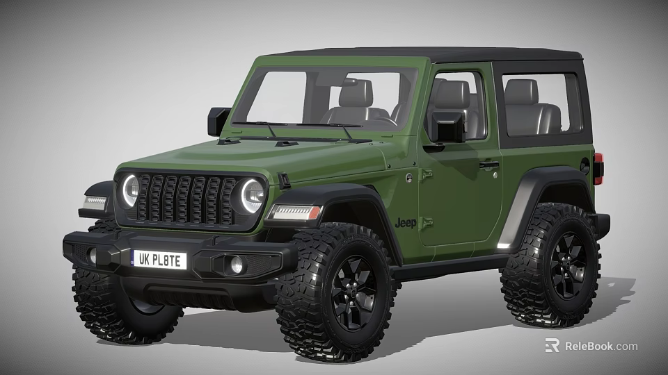 Green Jeep Wrangler Convertible With Off Road Tires And Front Grille 3d model 