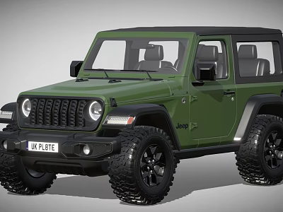 Green Jeep Wrangler Convertible With Off Road Tires And Front Grille 3d model