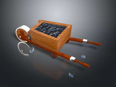 Wooden Handcart Loaded With Black Coal With Wooden Handles And White Wheels 3d model