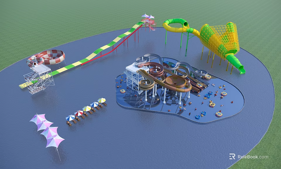 Kids Play Area With Colorful Slides Water Play Equipment Nets And Shade Umbrellas 3d model 