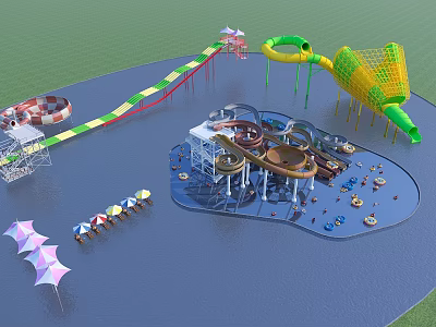 Kids Play Area With Colorful Slides Water Play Equipment Nets And Shade Umbrellas 3d model
